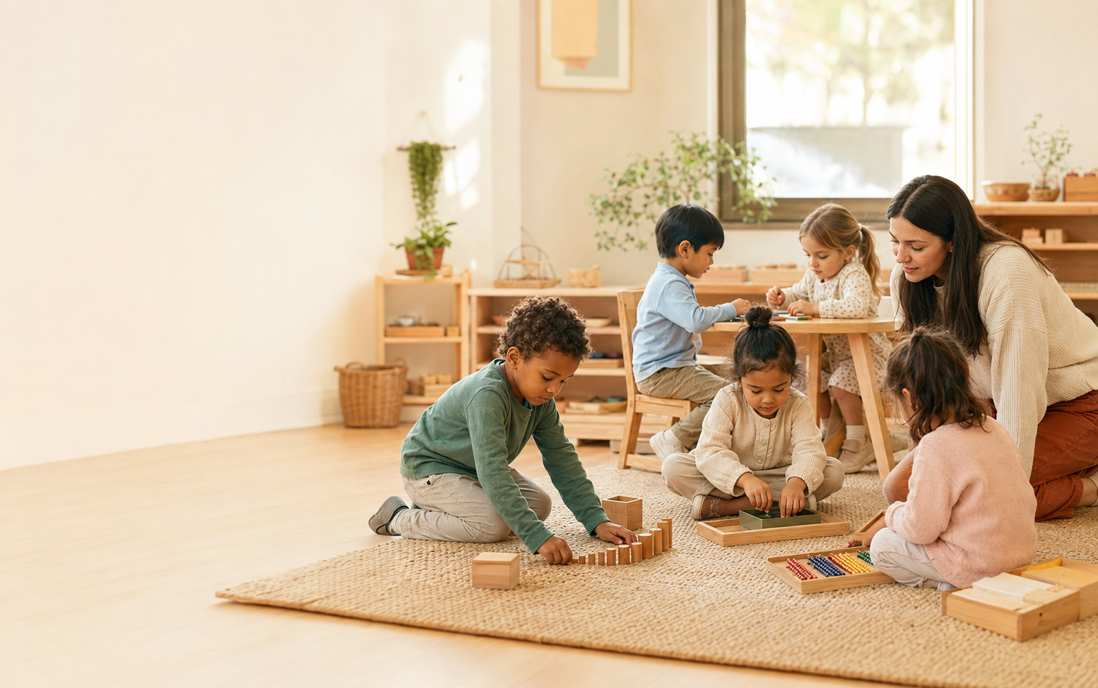 Children working with Montessori materials in a warm classroom