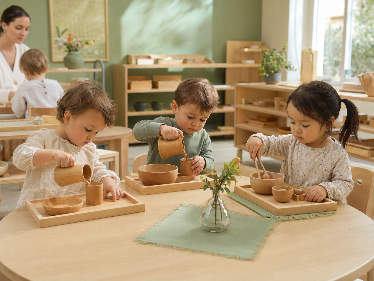 Toddlers practicing pouring and sorting with wooden materials